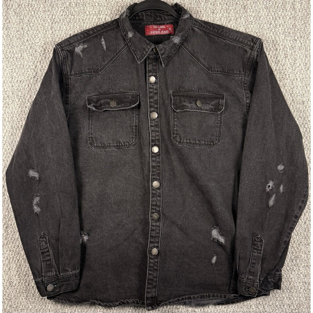 Distressed Black Denim Western Shirt Jacket Mens XL Snap Front Grunge